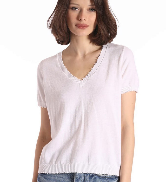 Minnie Rose Cotton Cashmere Frayed V Tee - White