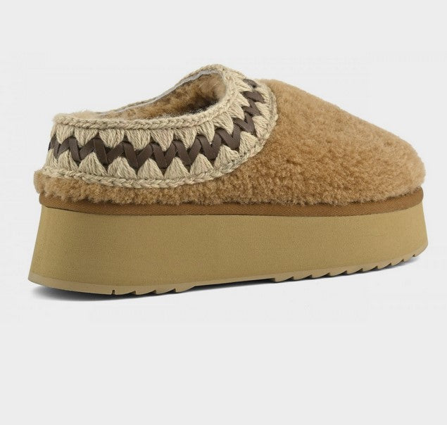 Mou Platform Curly Sheepskin Clog - Cognac