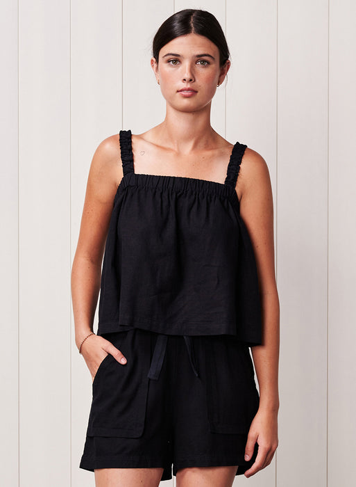 Stateside Linen Ruched Sleeve Tank - Black