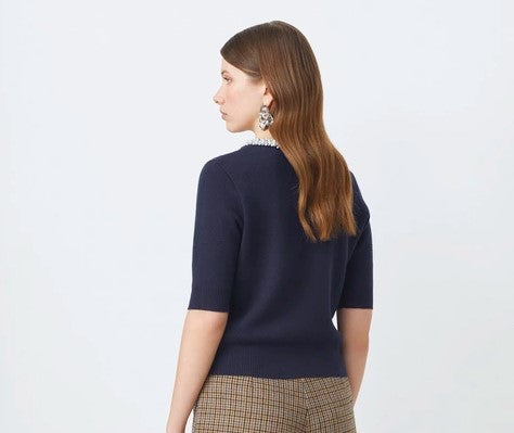 Sunco Knitted Pearl Sweater - Navy
