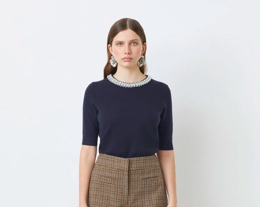 Sunco Knitted Pearl Sweater - Navy