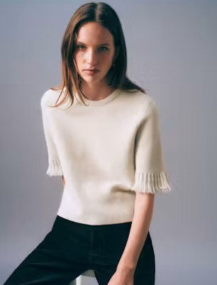 White and Warren Cashmere Blend Fringe Tee - Ivory