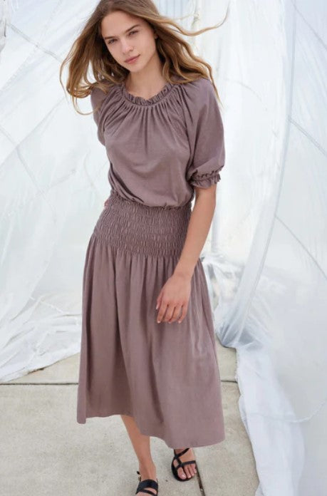 Sundry Smocked Waist Midi Dress - Taupe Shop Fuschia Sundry Smocked Waist Midi Dress - Taupe Shop Fuschia