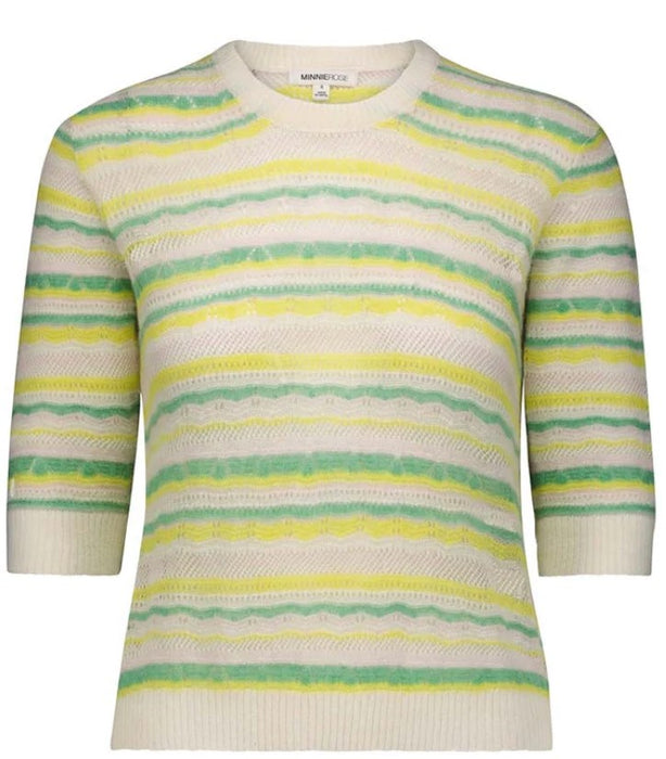Minnie Rose Italian Viscose Short Sleeve Sweater - Green Combo